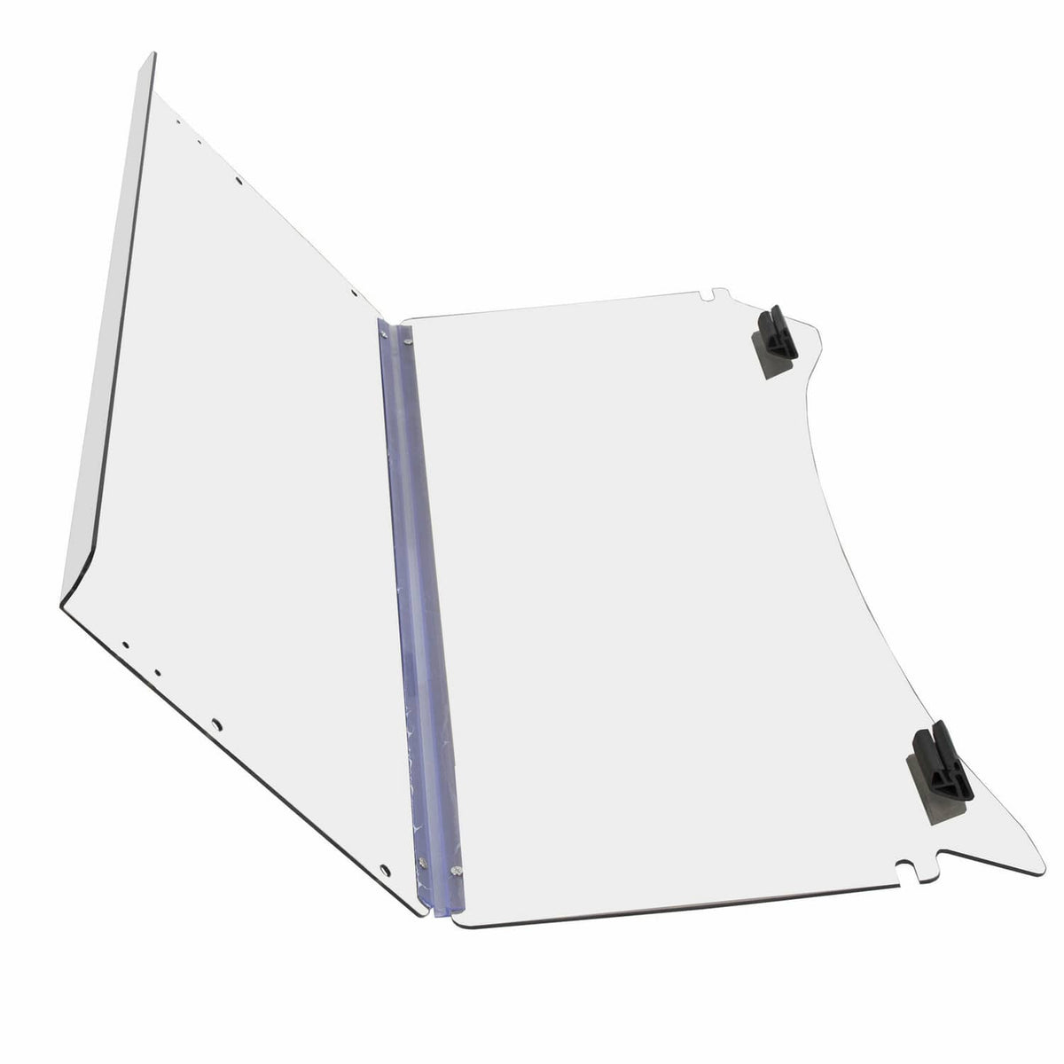 Clear folding windshield panel with blue-tinted frame and black mounting clips.