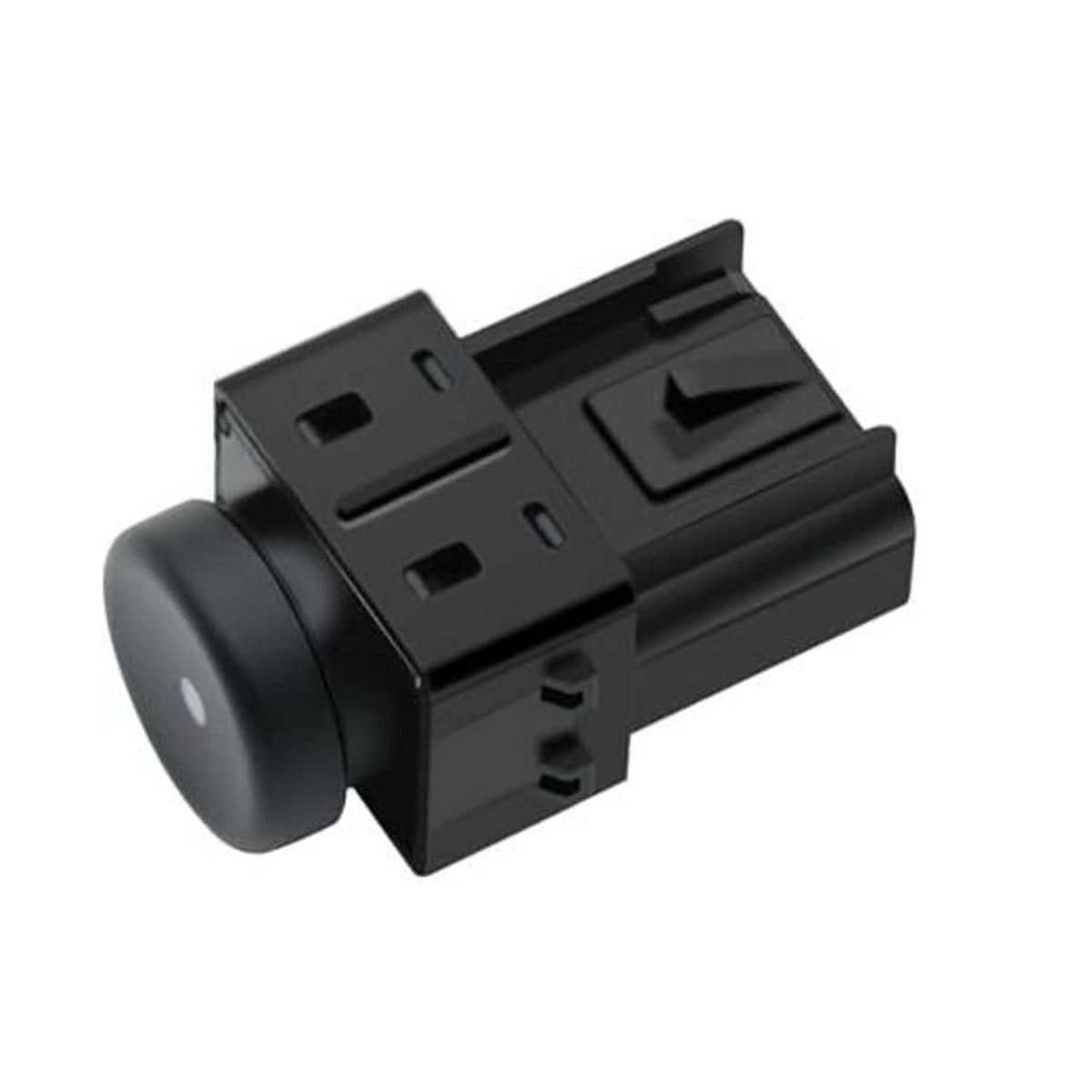 Black door latch release switch with connector tabs and round push button