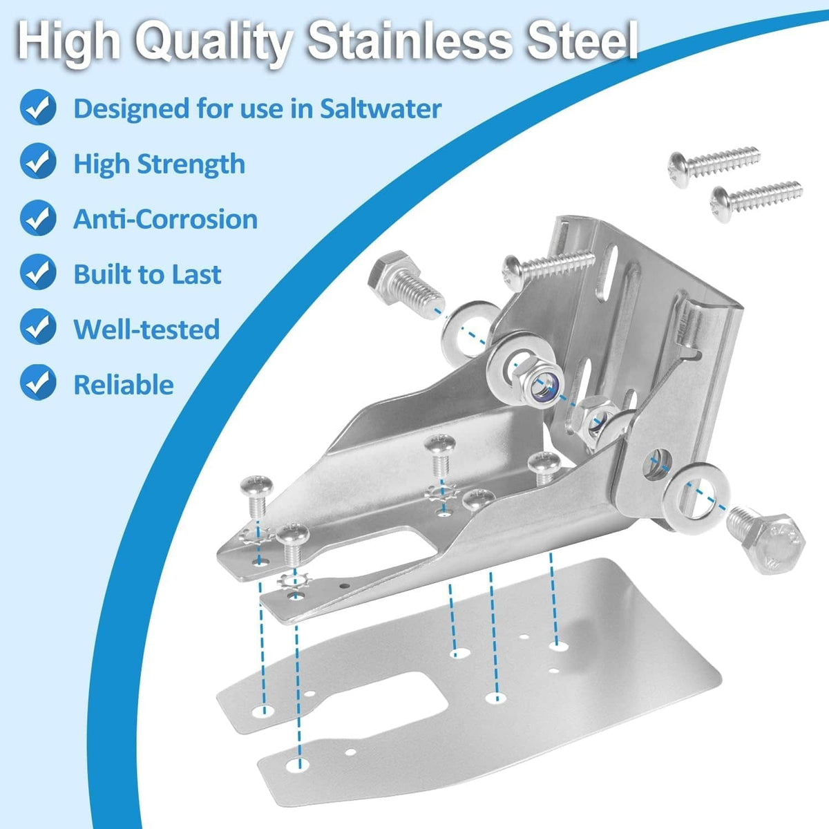 Stainless steel transom mount bracket with hardware for corrosion resistance