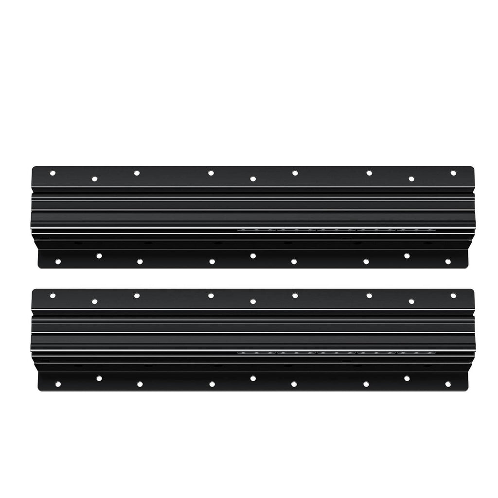 Black drawer slide rail pair with ridged channels and evenly spaced mounting holes.
