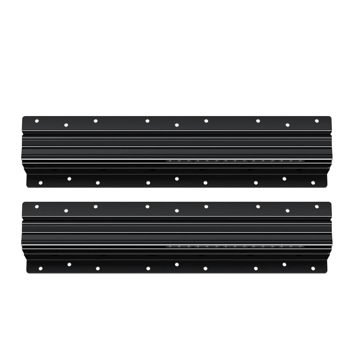 Black drawer slide rail pair with ridged channels and evenly spaced mounting holes.