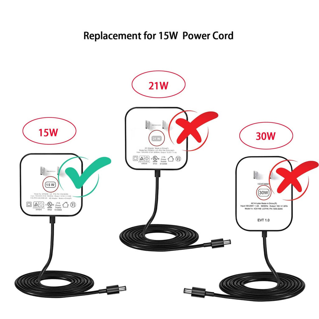White replacement power adapter and charging cable with wattage selection labels