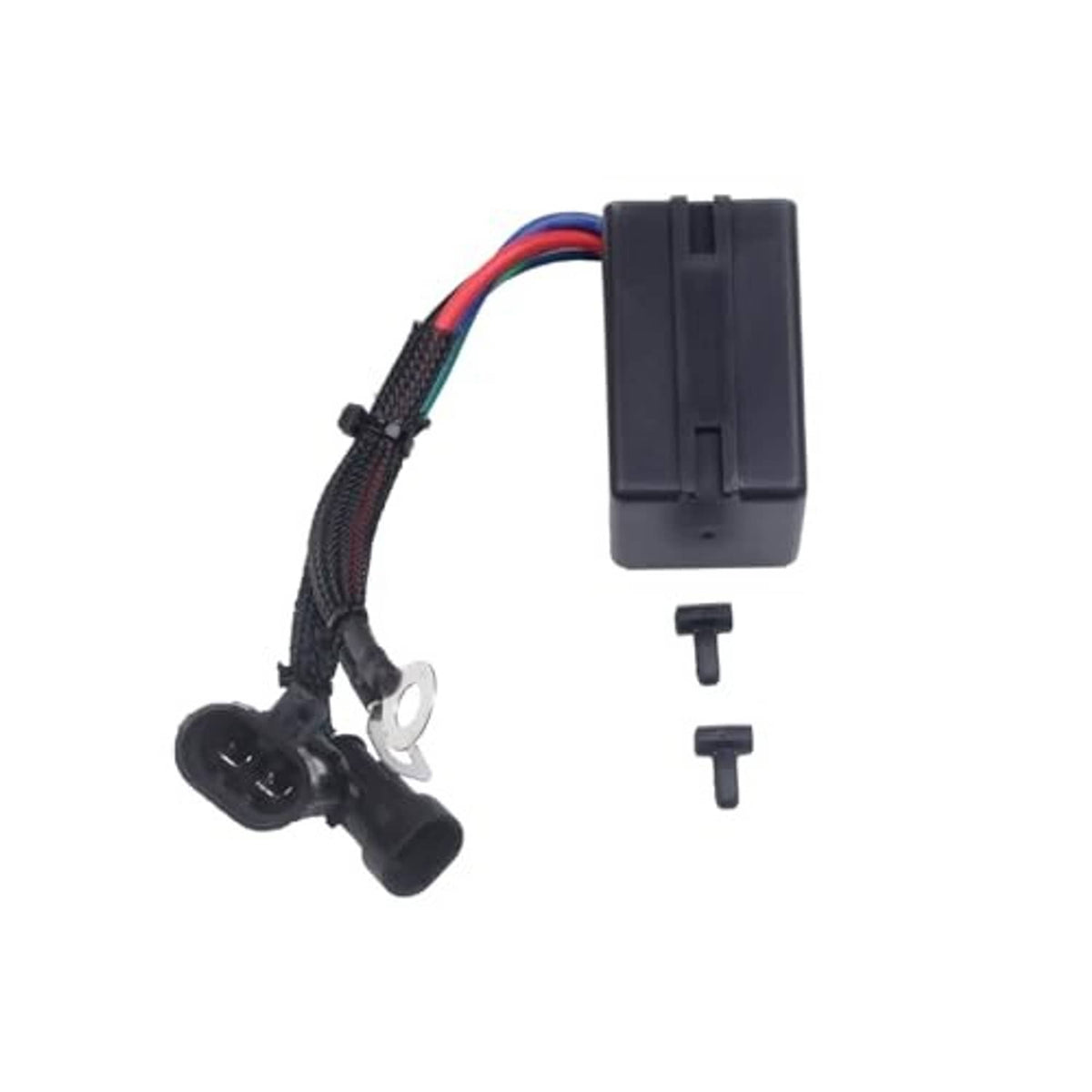Tilt trim relay assembly with attached wiring harness and black connector plugs