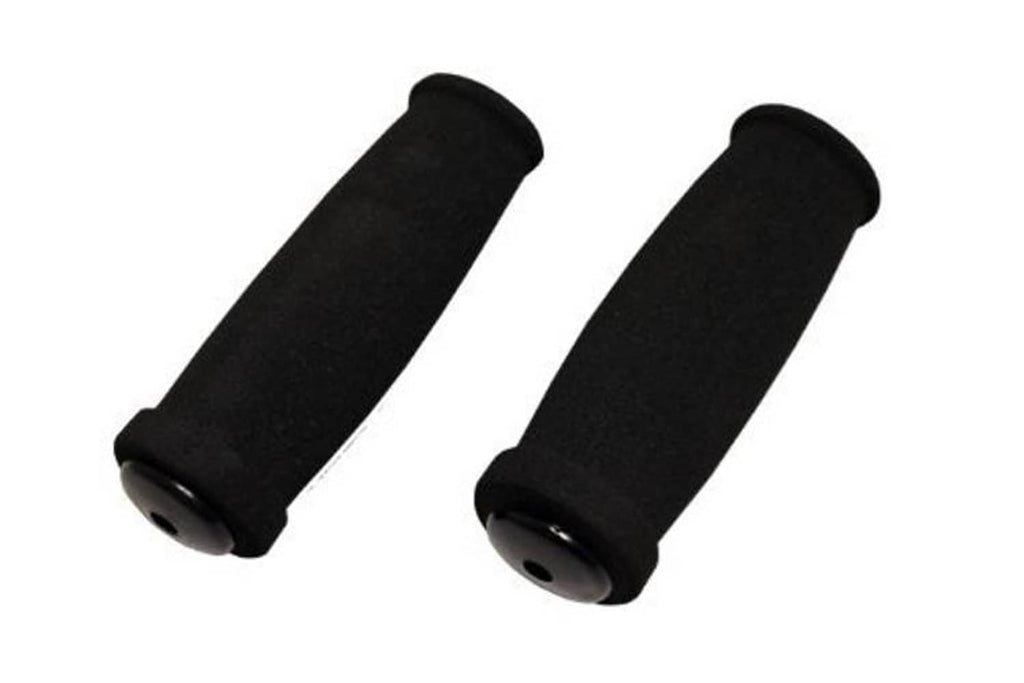 Pair of dark foam scooter handle grips, cylindrical shape with end holes