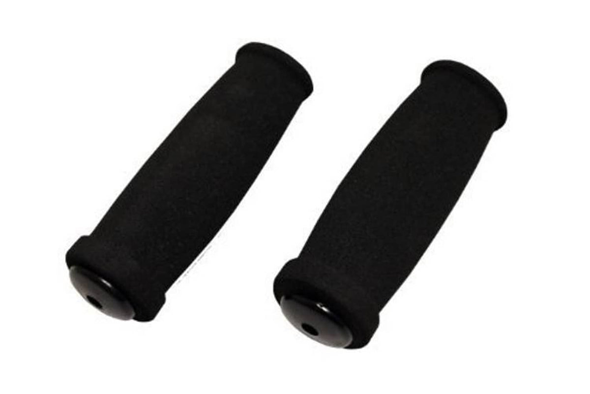 Pair of dark foam scooter handle grips, cylindrical shape with end holes