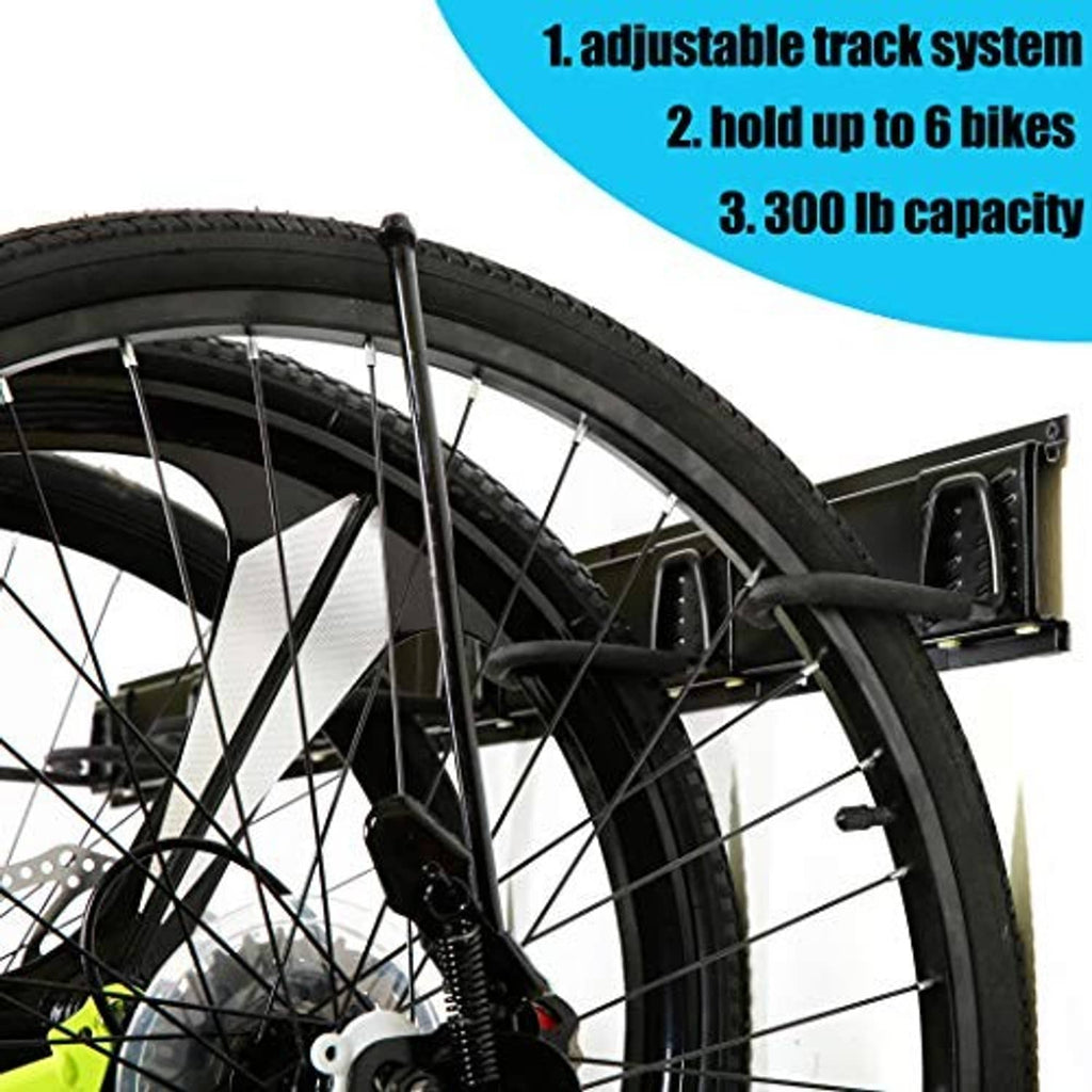 Close-up of bike rack hook and track system holding a bicycle wheel