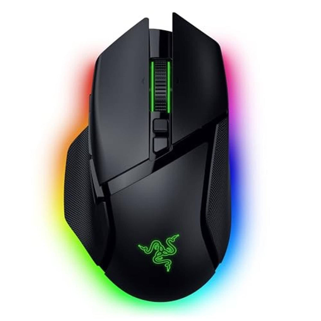 Black wireless gaming mouse angled view with green-lit scroll wheel and logo