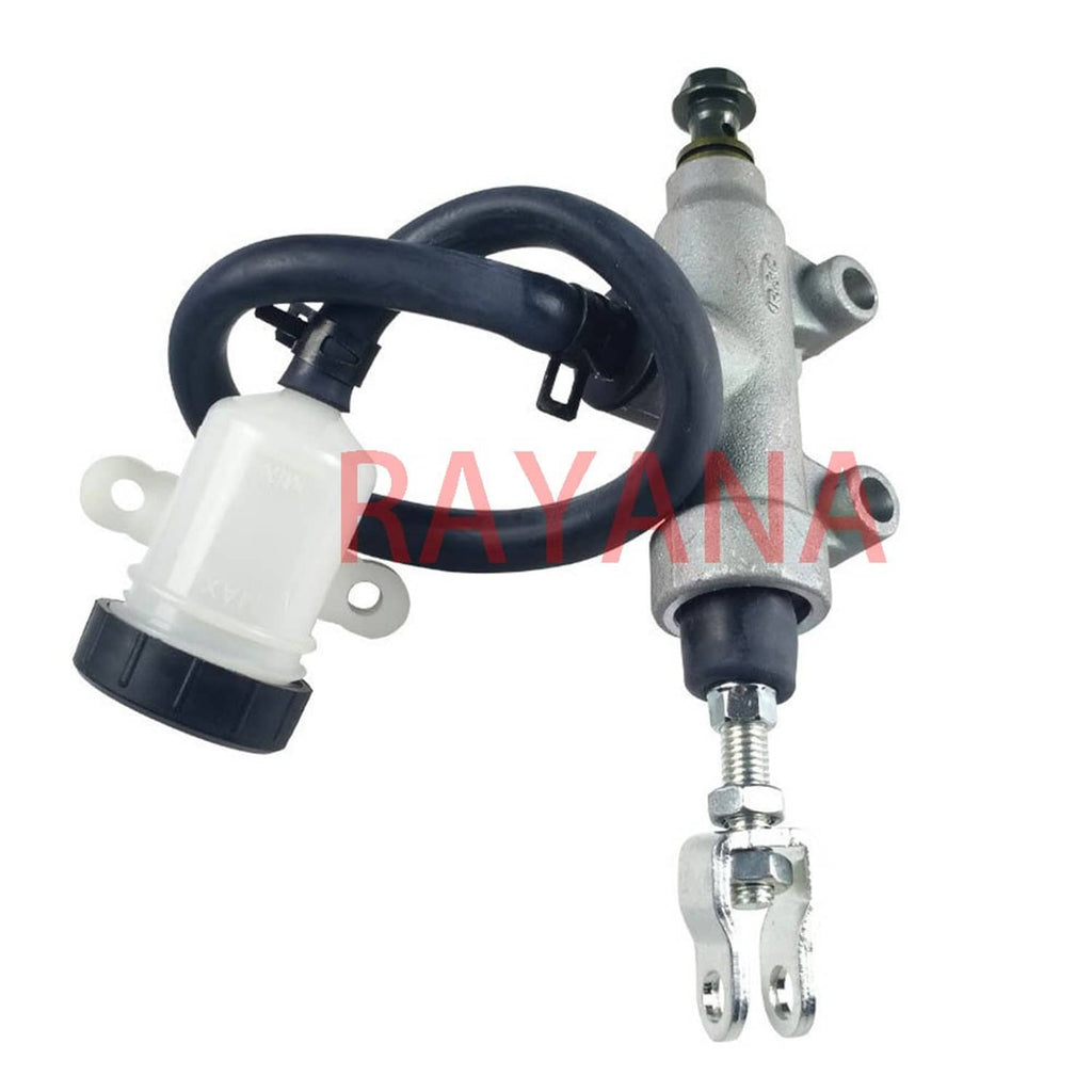 Rear brake master cylinder with white reservoir, black hose, and metal fork mount