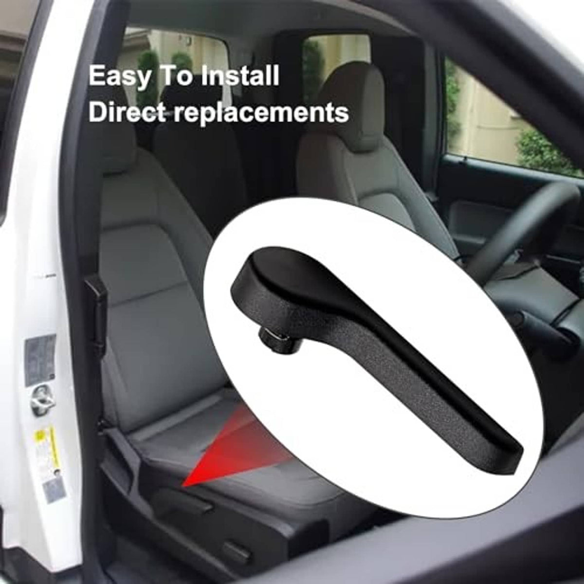 Black seat recliner handle installed on front seat, recline lever replacement