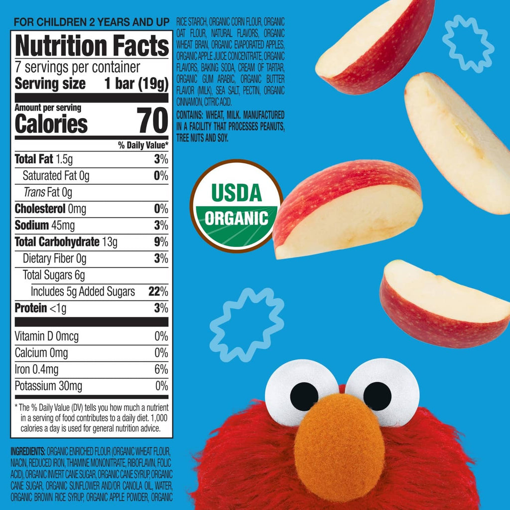 Nutrition Facts for organic snack bars with USDA organic seal and fruit bar images