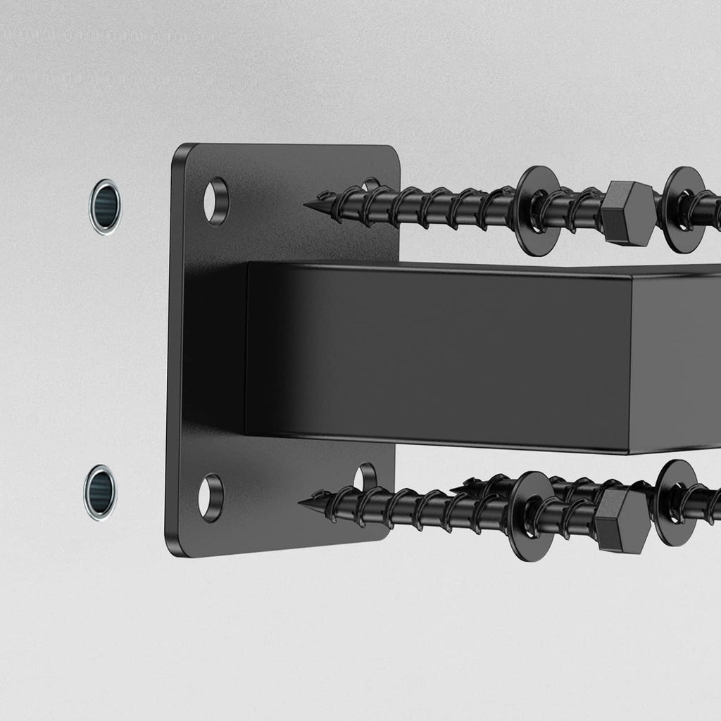 Black iron wall-mount bracket with handrail tube and visible mounting hardware screws
