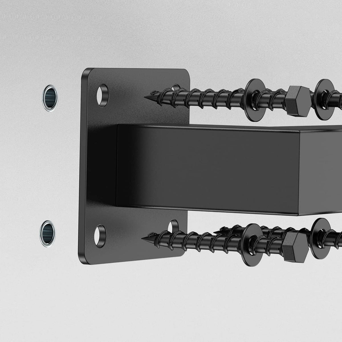 Black iron wall-mount bracket with handrail tube and visible mounting hardware screws