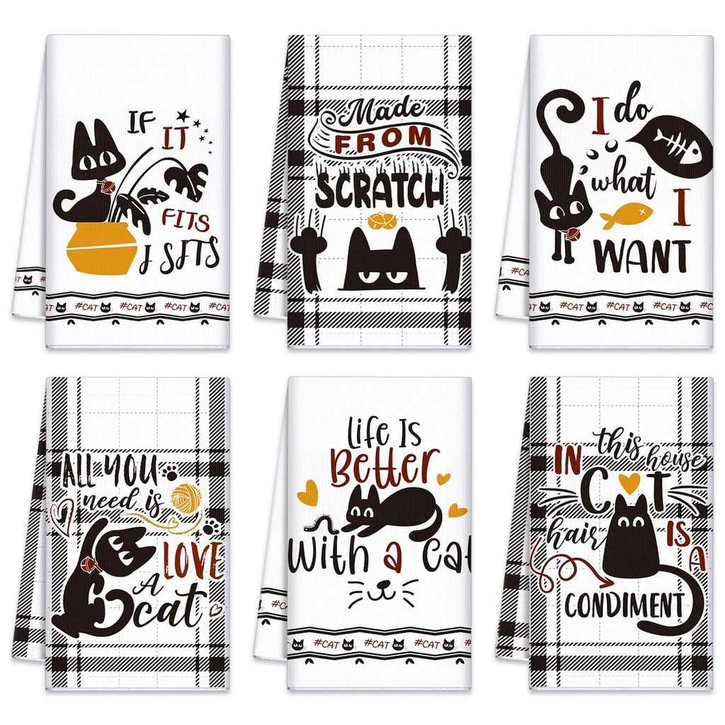Set of 6 cat-themed kitchen towels, black-and-white with funny sayings