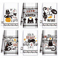 Set of 6 cat-themed kitchen towels, black-and-white with funny sayings