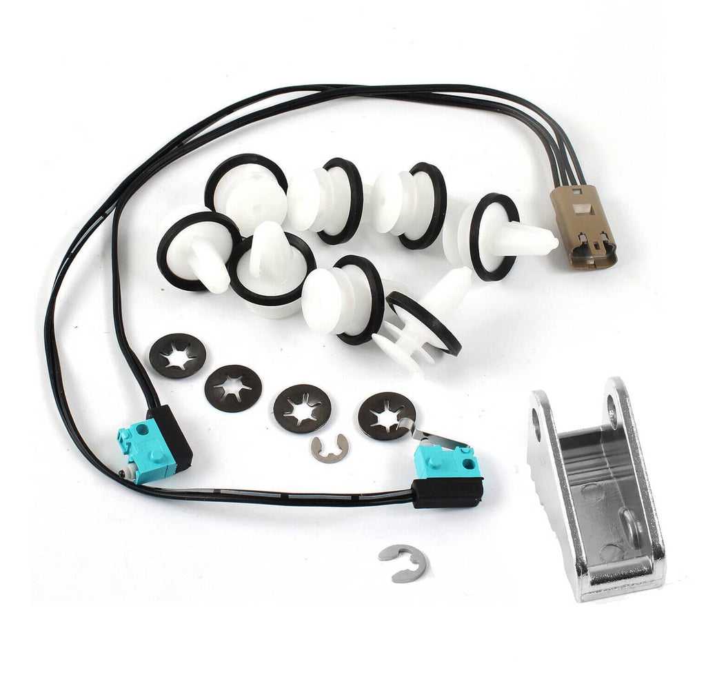 Door handle rebuild kit: wiring harness, white retainers, star screws, and metal bracket