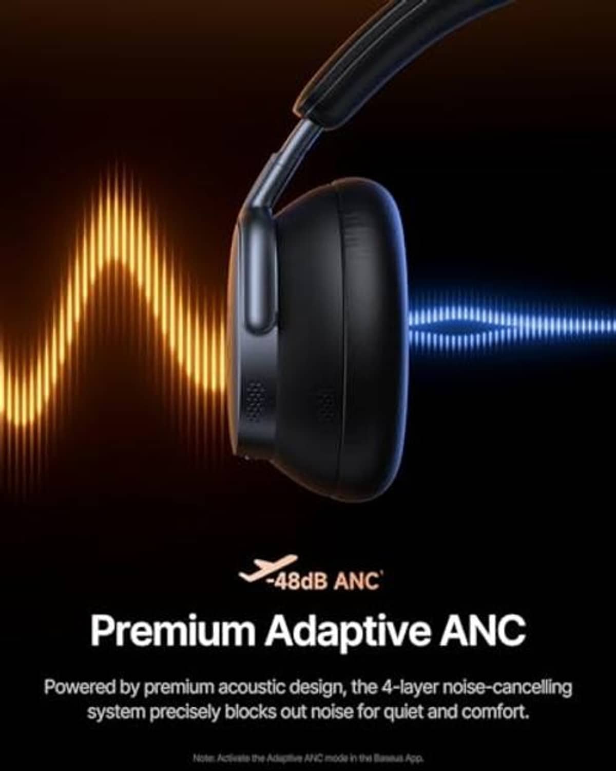 Dark over-ear wireless headphones, side profile with cushioned earcups