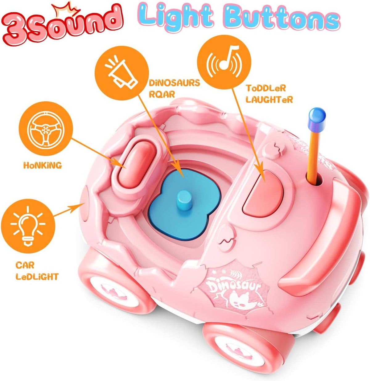 Pink remote control dinosaur car with antenna and light-themed button icons