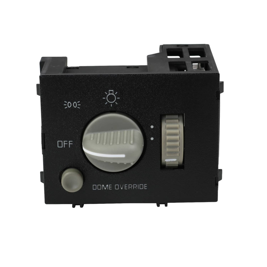 Black dash headlight switch with round knob, dome override, and OFF markings
