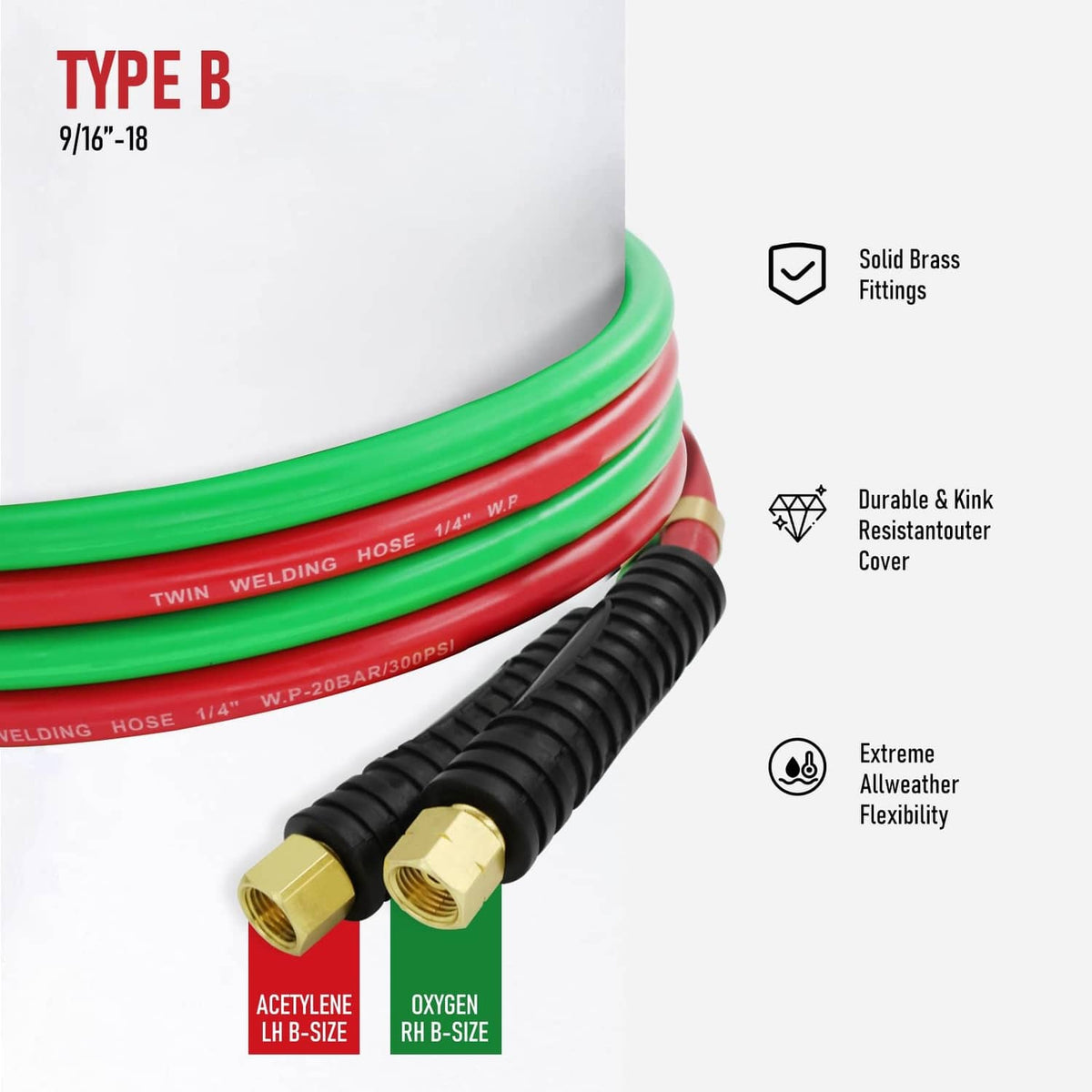 Twin welding hose with green and red lines, black corrugated cover, brass ends