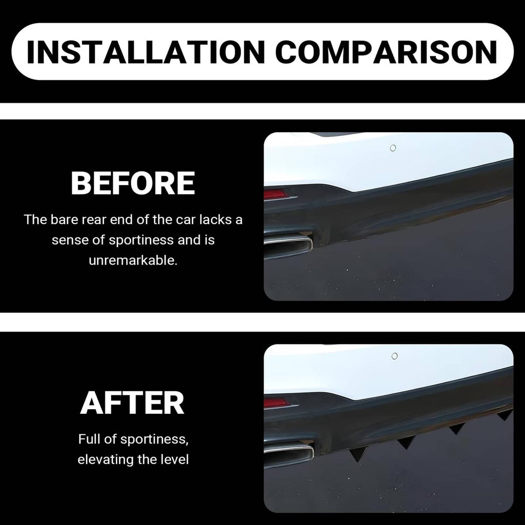 Black triangular rear bumper diffuser fins mounted under the rear lower lip, 4-pack