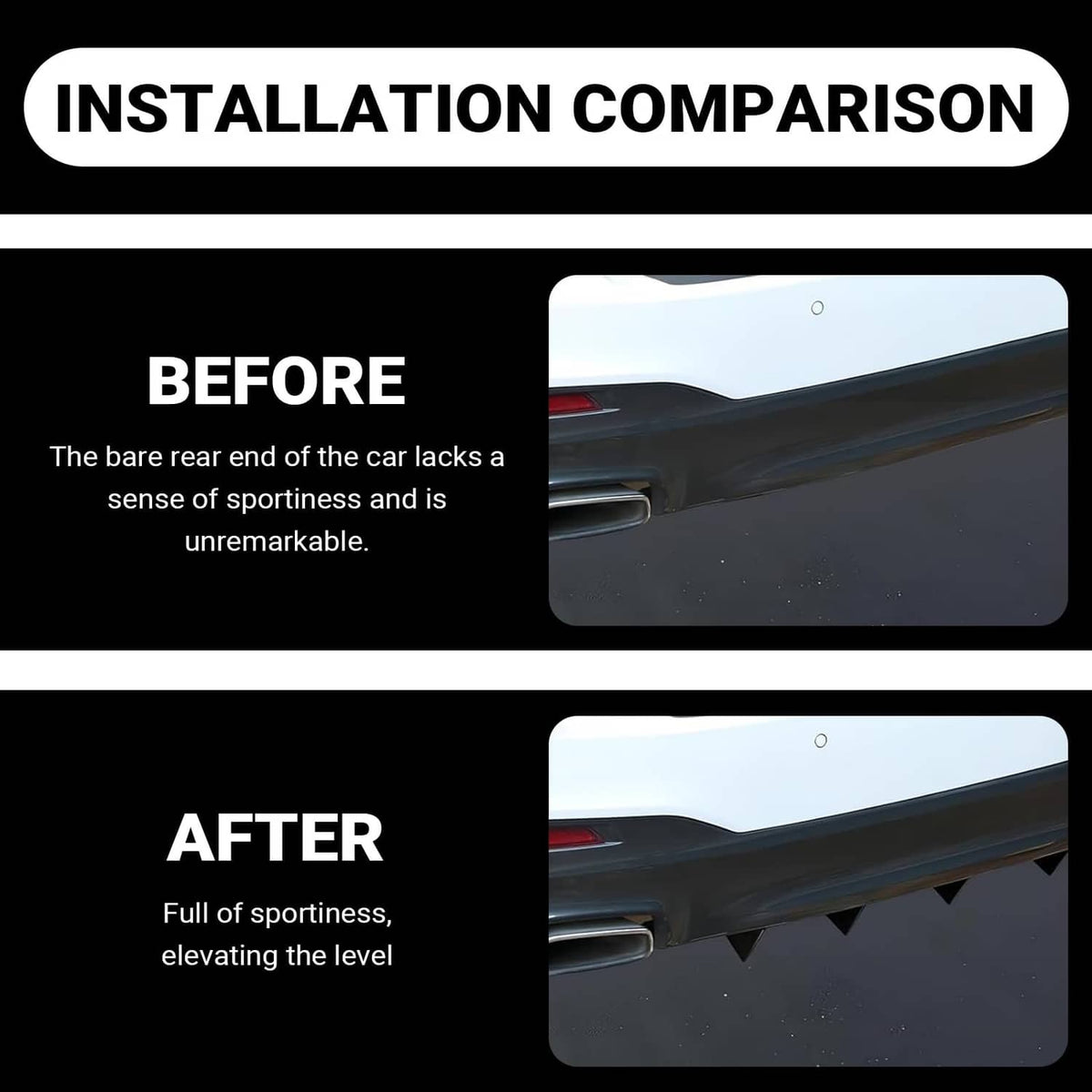 Black triangular rear bumper diffuser fins mounted under the rear lower lip, 4-pack