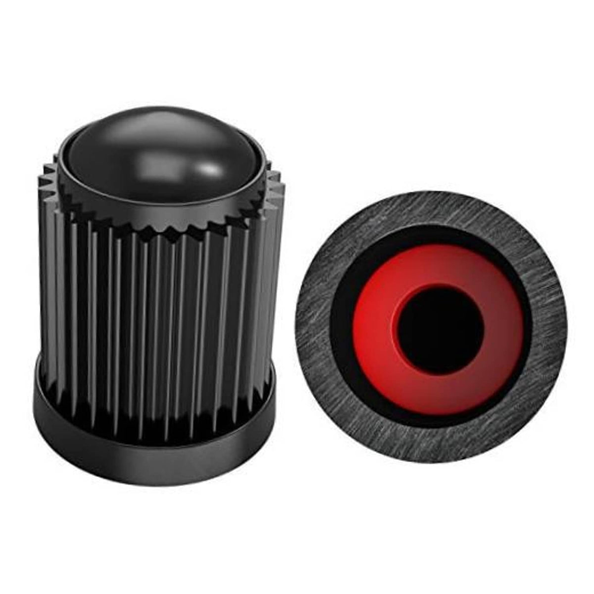 Black tire stem valve cap set with red center insert and rubber O-ring