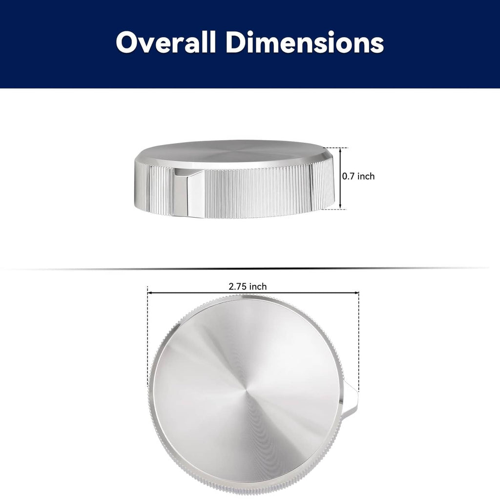 Round silver dryer control knob with ridged edge, shown with overall size markings.
