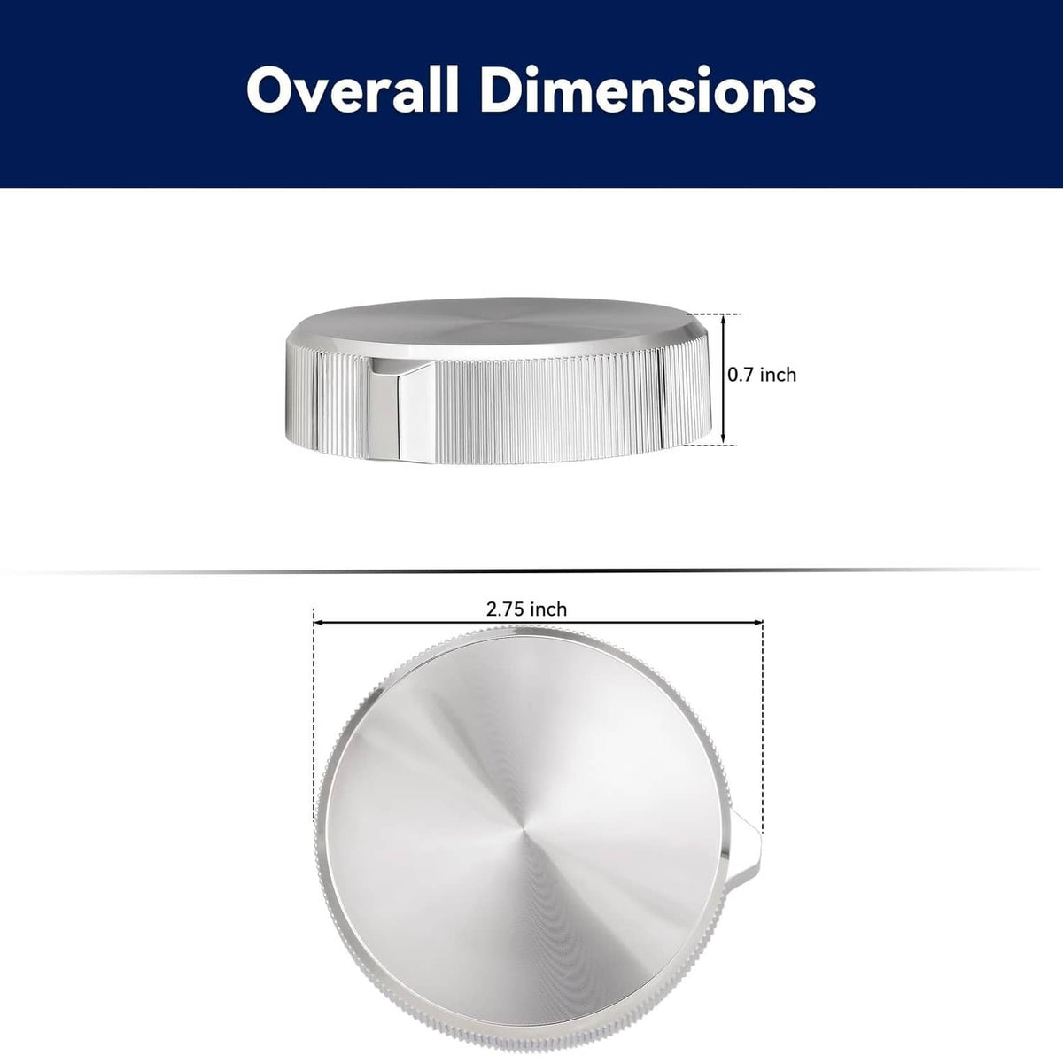 Round silver dryer control knob with ridged edge, shown with overall size markings.