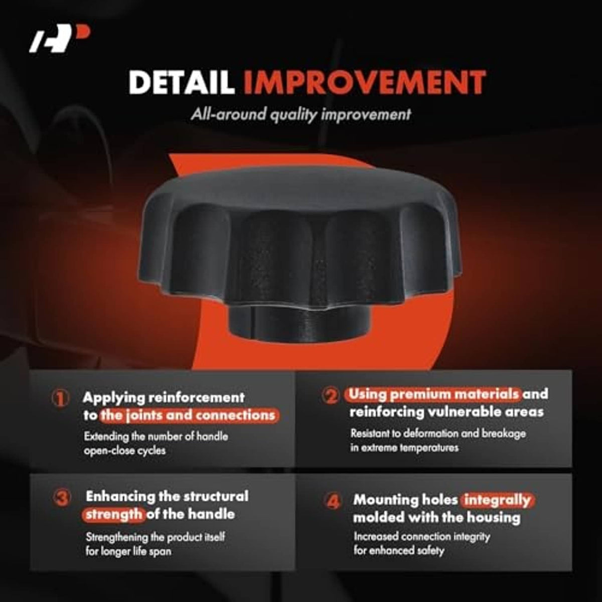 Black seat recline adjust knob close-up with ribbed top and reinforced base