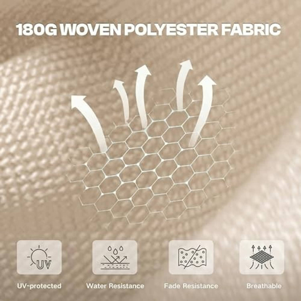 Beige woven polyester umbrella fabric close-up with UV protection graphic overlay