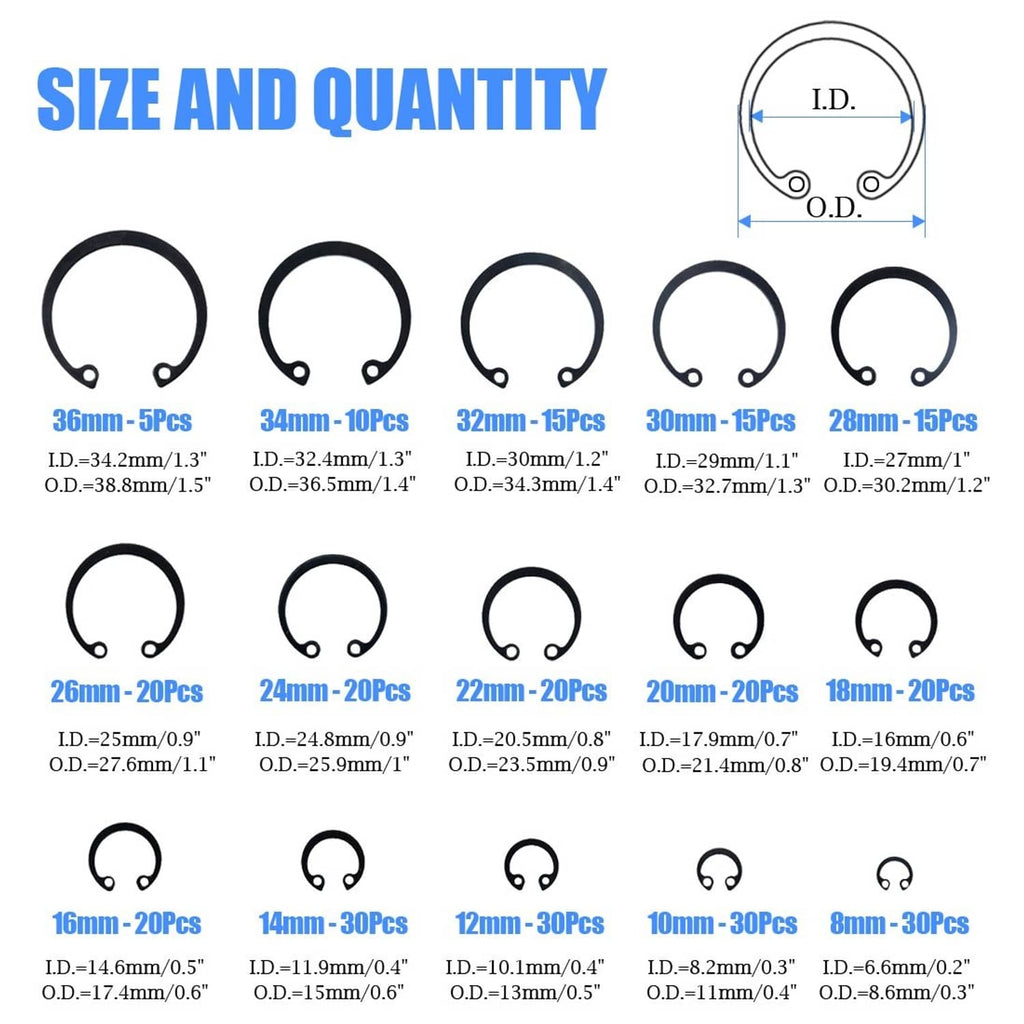 Black internal circlip snap rings with size chart and I.D./O.D. measurements