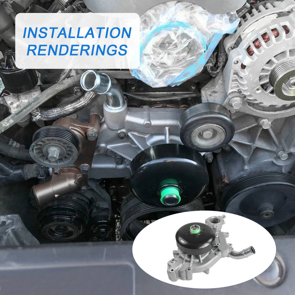 Water pump installation reference, compact assembly with black cover and green seal