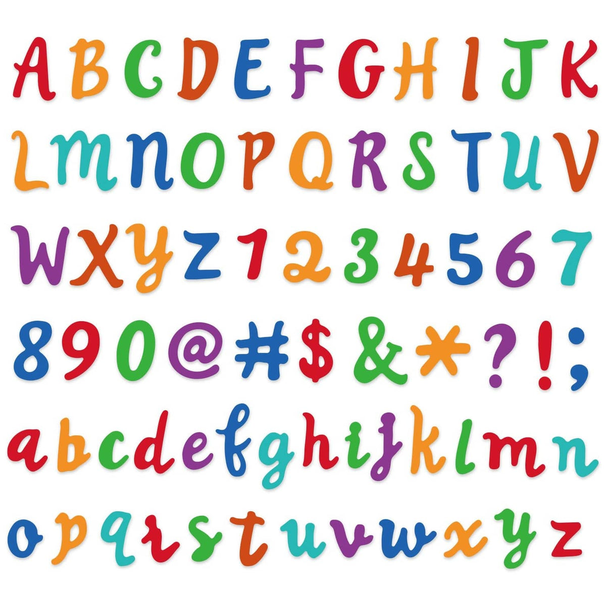 Alphabet, numbers, and symbols die cut set sample in multicolor letters