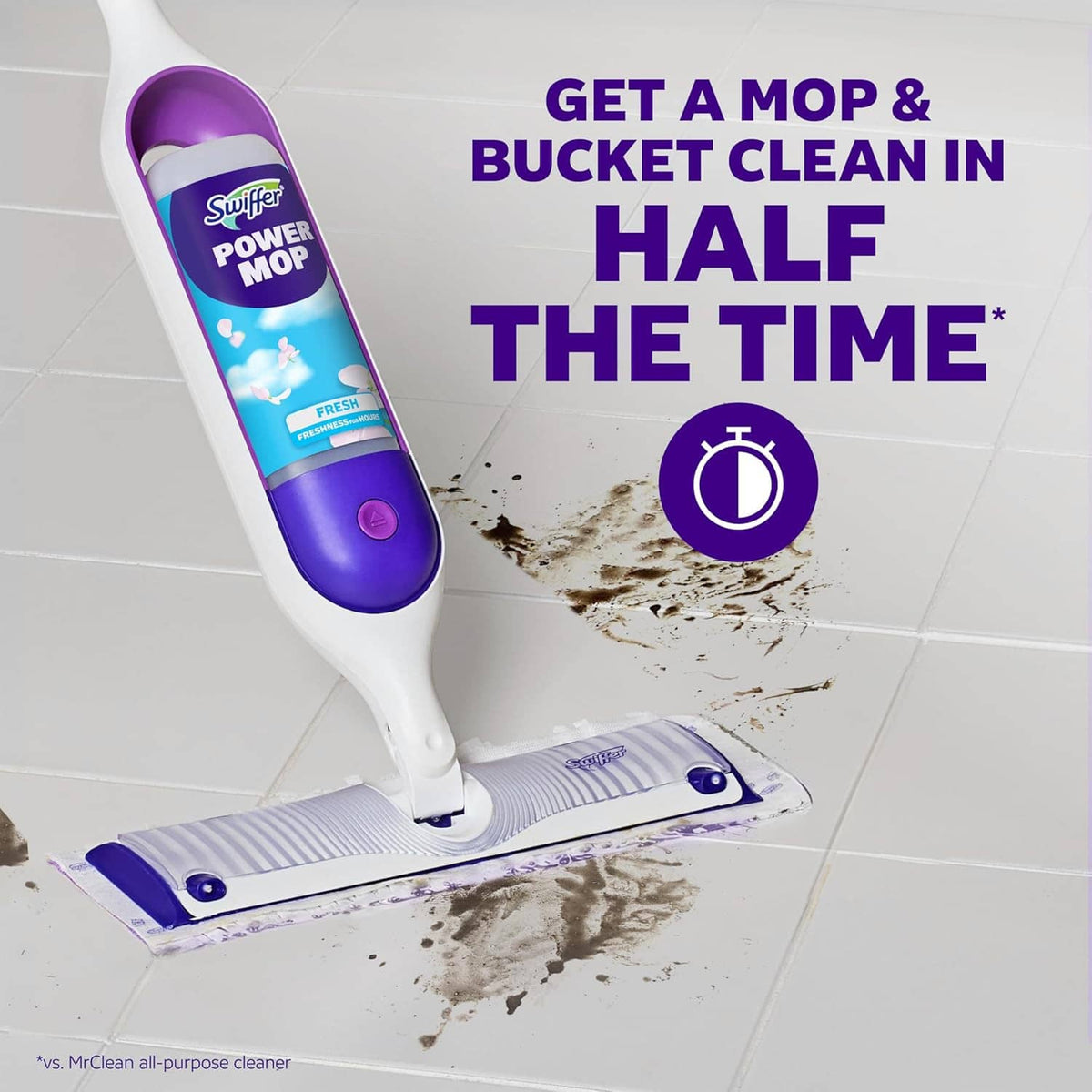 Swiffer power mop with white handle and purple cleaning pad head