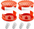 Orange trimmer line spool cap replacements with four metal springs, shown open and closed