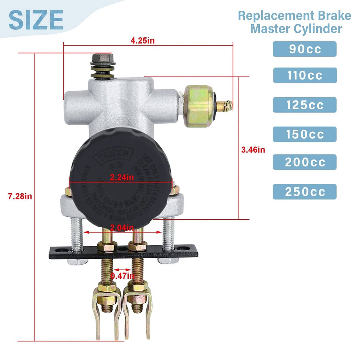 Hydraulic brake master cylinder with black reservoir cap and two mounting studs