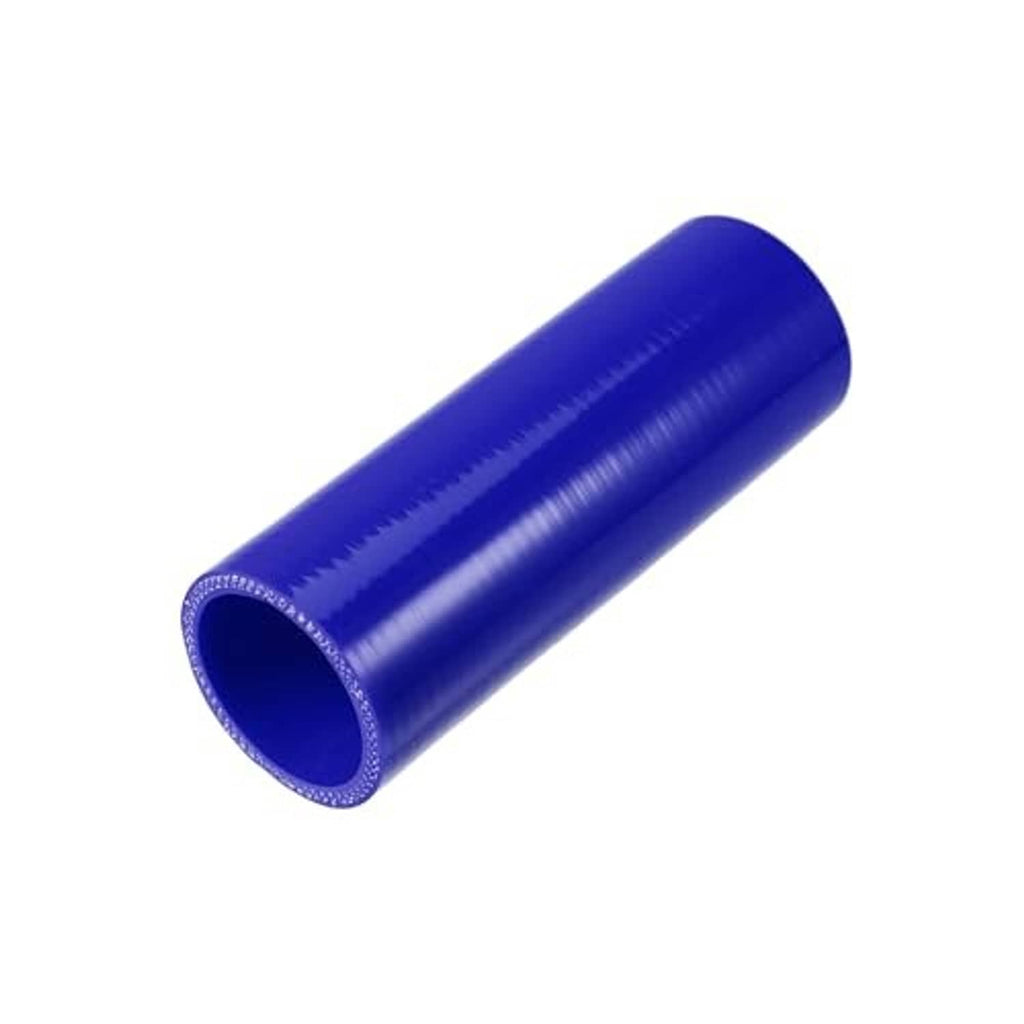Blue straight silicone hose coupler, angled view of thick tube with open ends