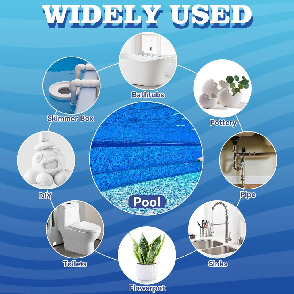 Pool epoxy putty shown for repairs on pool, pipes, sinks, toilets, bathtubs, and pottery