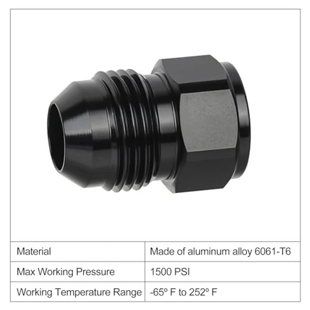 Black aluminum AN reducer/expander adapter with hex nut body and threaded ends
