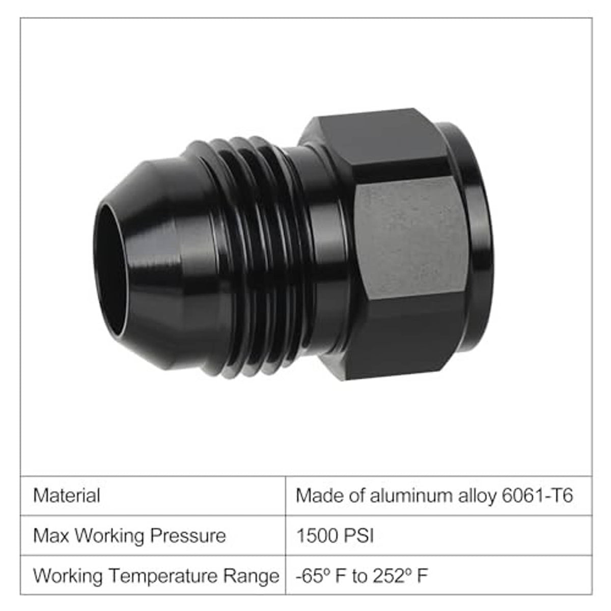 Black aluminum AN reducer/expander adapter with hex nut body and threaded ends