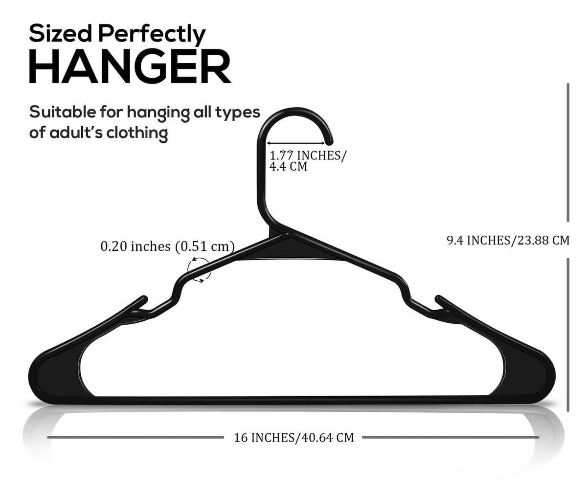Black plastic clothes hanger with notched shoulders and S-shaped hook, size shown