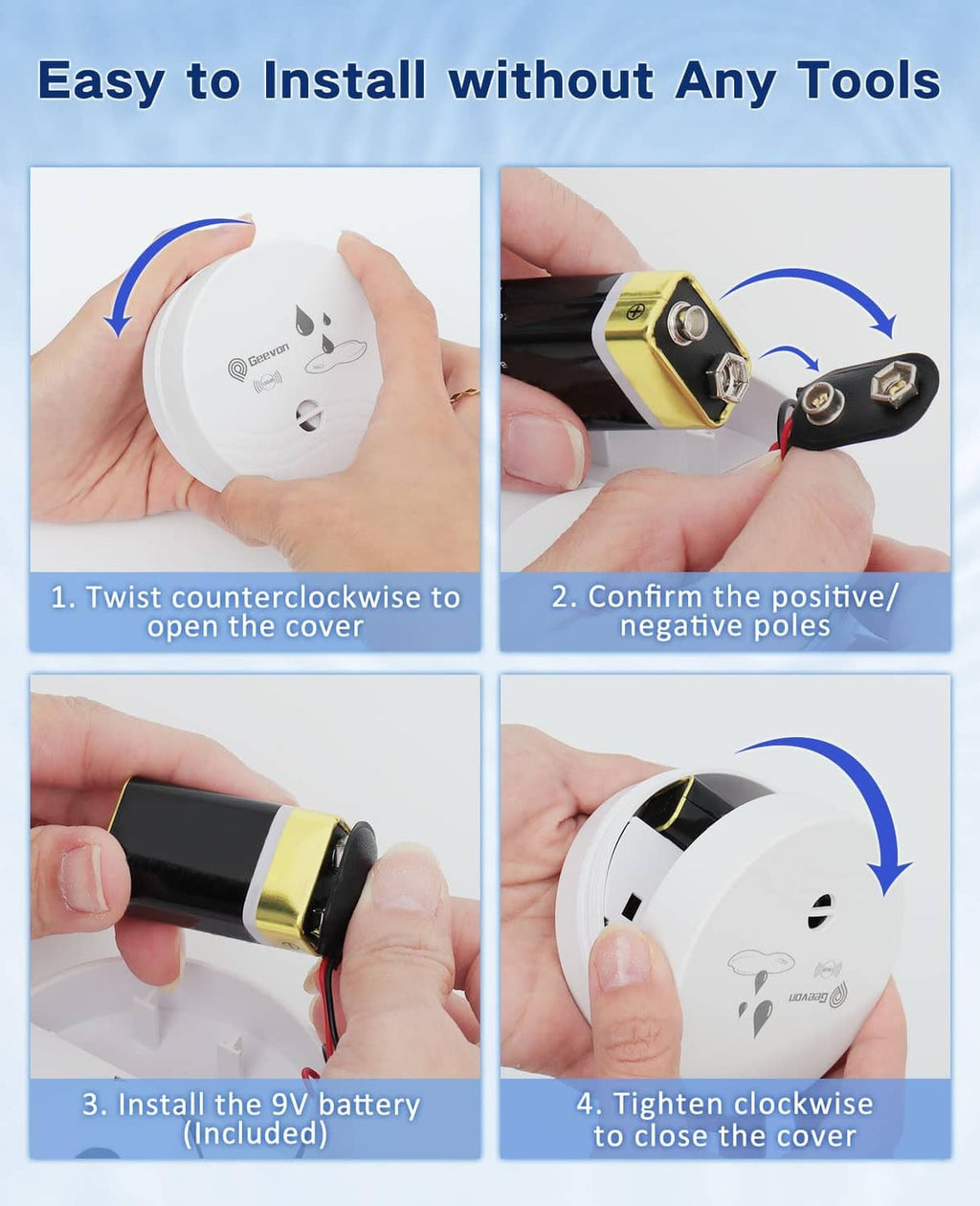 White water leak detector alarm showing battery installation steps with hands