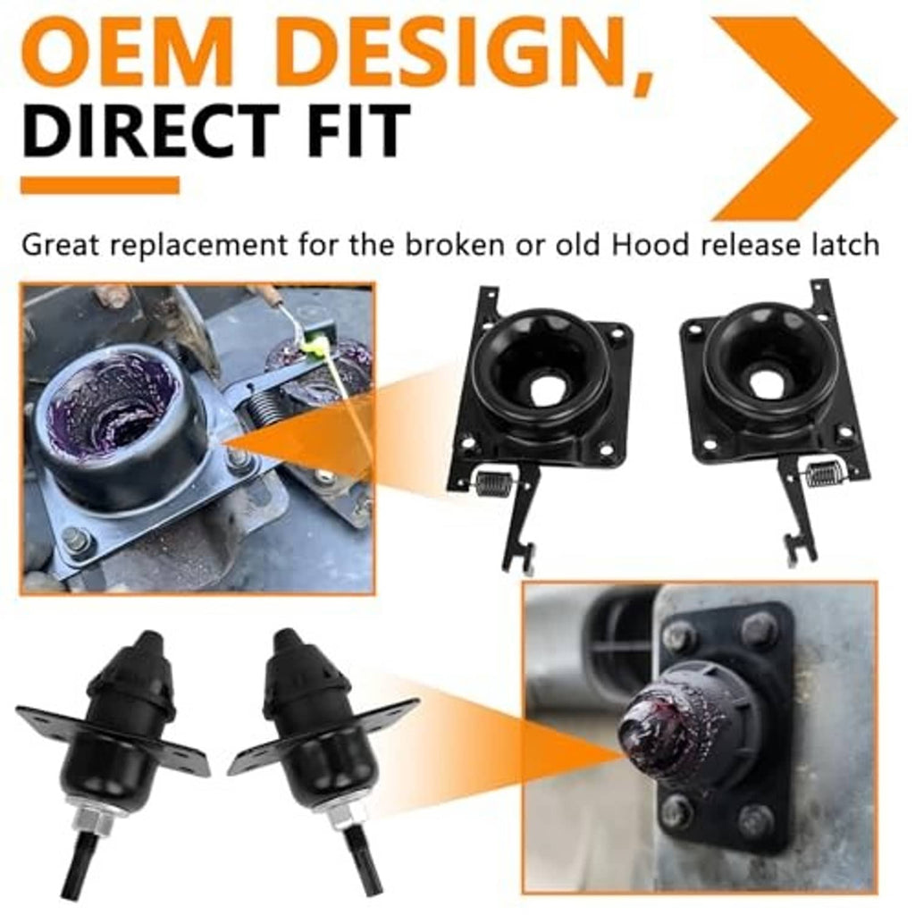 Hood release latch assemblies, two black pins with mounting brackets and screws
