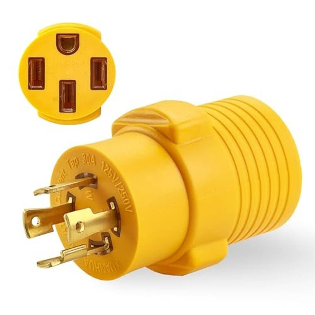 Yellow twist-lock adapter plug with 4 prongs, angled view, ribbed cylindrical body
