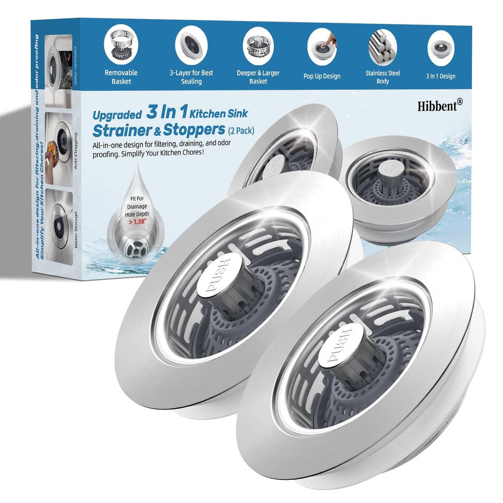 Kitchen sink drain strainer and stopper set, stainless with clear center, 2-pack