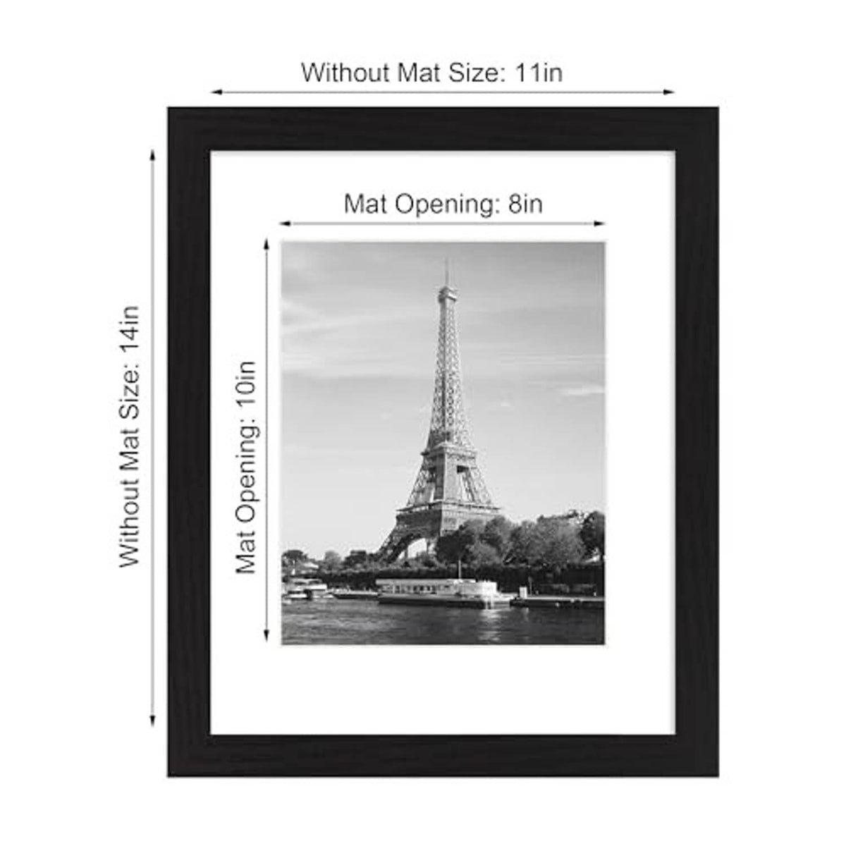 Black picture frame set with inner mat opening and without-mat size shown