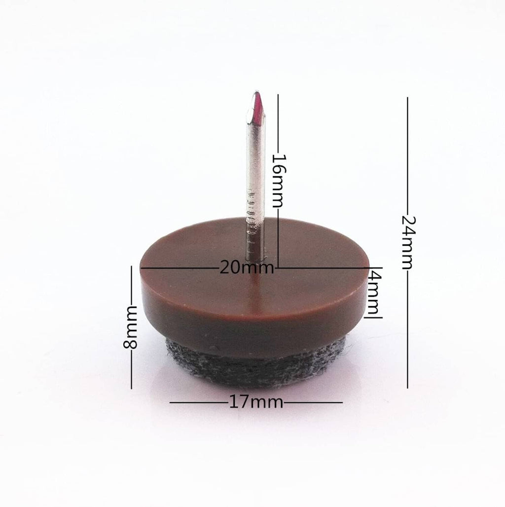 Felt nail-on glide pad with brown base and gray felt, size measurements shown