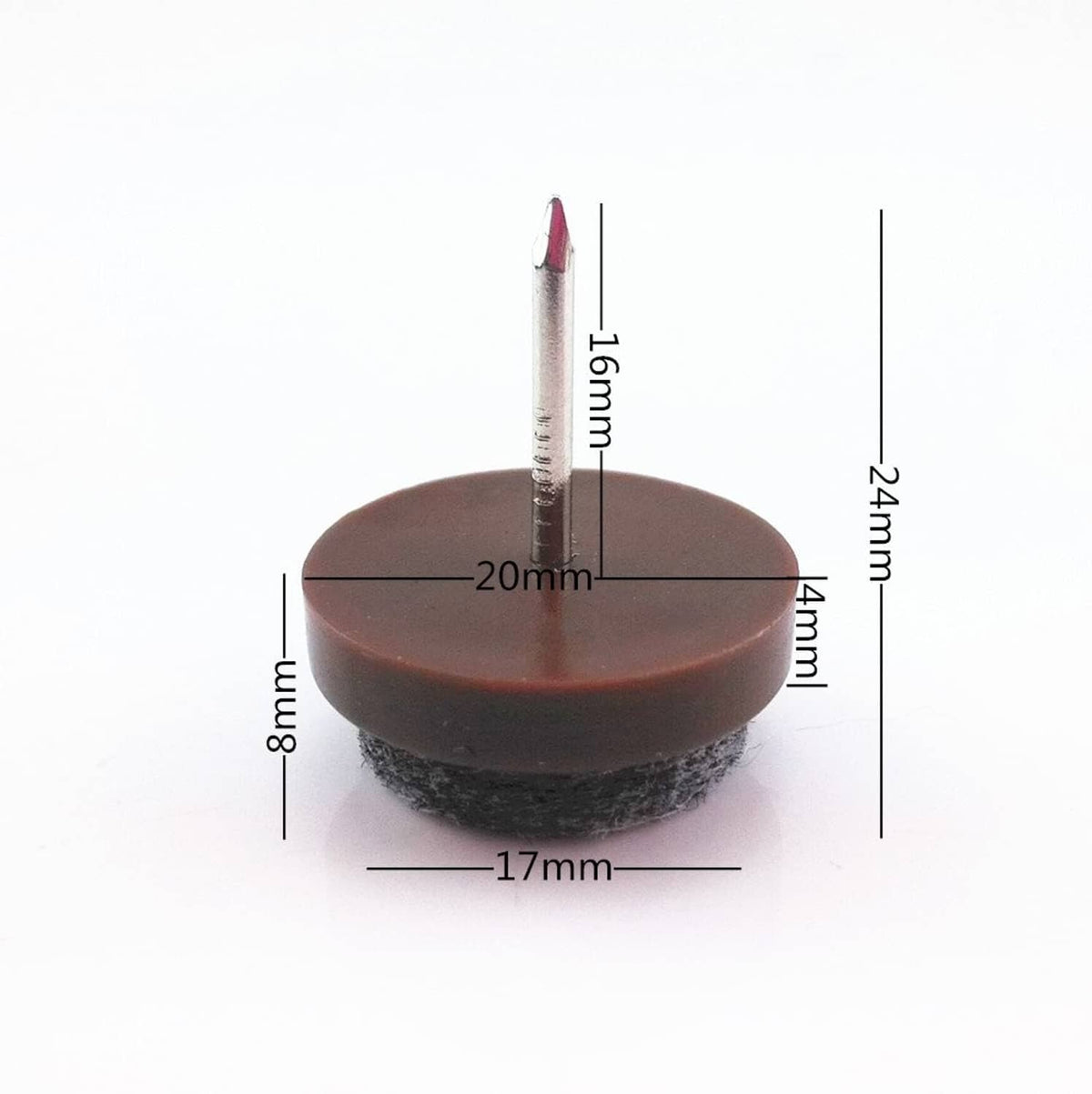 Felt nail-on glide pad with brown base and gray felt, size measurements shown