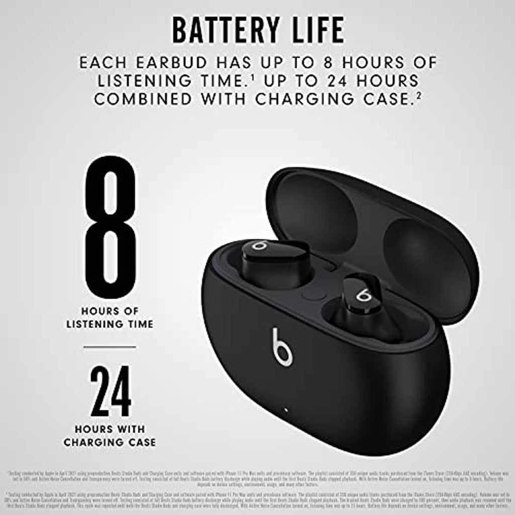 Black charging case with two true wireless earbuds seated in the lid, b logos visible