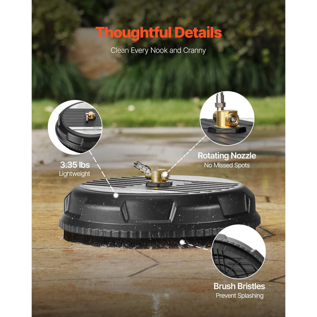 Black surface cleaner disc with rotating nozzle and brush bristles to limit splashing